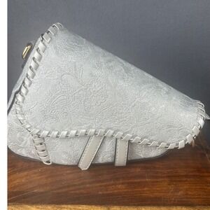 Gorgeous Silver Paisley Saddle Bag Purse Braided Trim Flap Crossbody Handbag